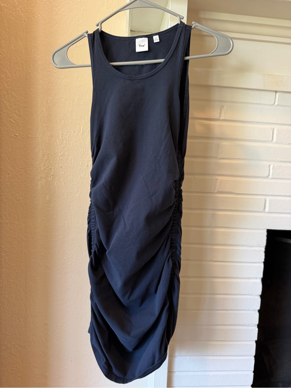 Aritzia TNA Navy Ruched Sleeveless Bodycon Midi Dress Size Small Cotton Blend